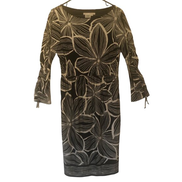 Maggy London black & white 3/4-sleeve floral print jersey knit dress sz 10 - Picture 2 of 9